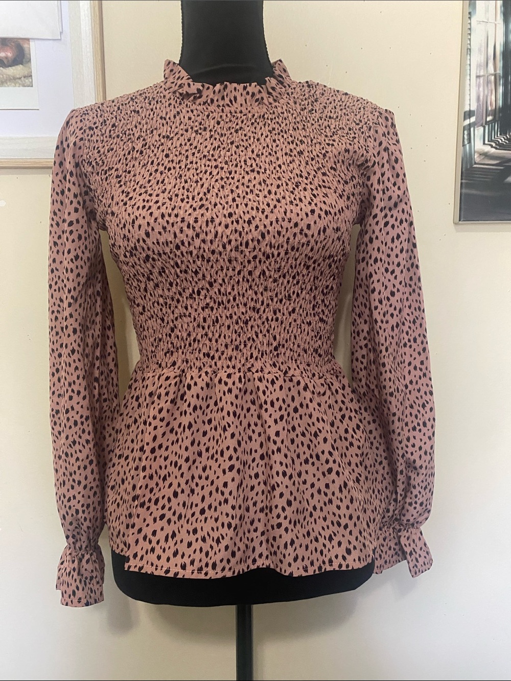 Smocked Pink Leopard Long-Sleeve Peplum Blouse with Ruffle Neck Sz S NWT